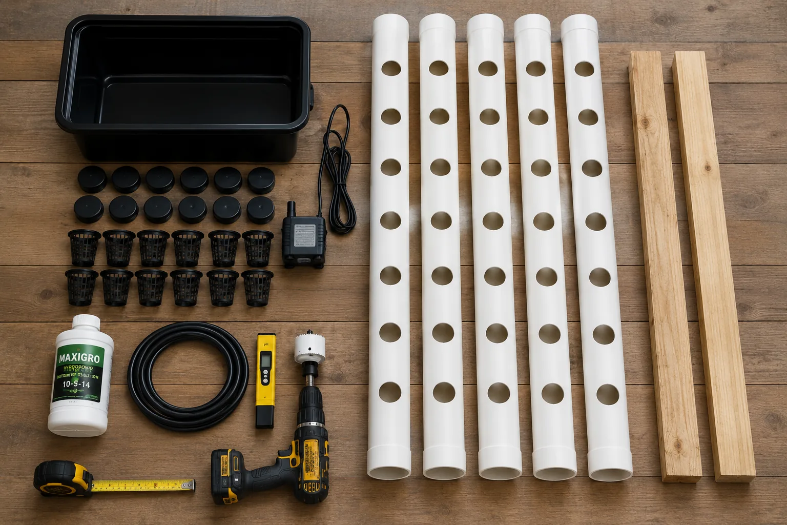 Flat-lay of all A-Frame hydroponic build materials on a wooden workshop floor including PVC pipes with drilled holes, black reservoir, net pots, end caps, submersible pump, vinyl tubing, pH meter, nutrient solution bottle, drill with hole saw, measuring tape, and lumber
