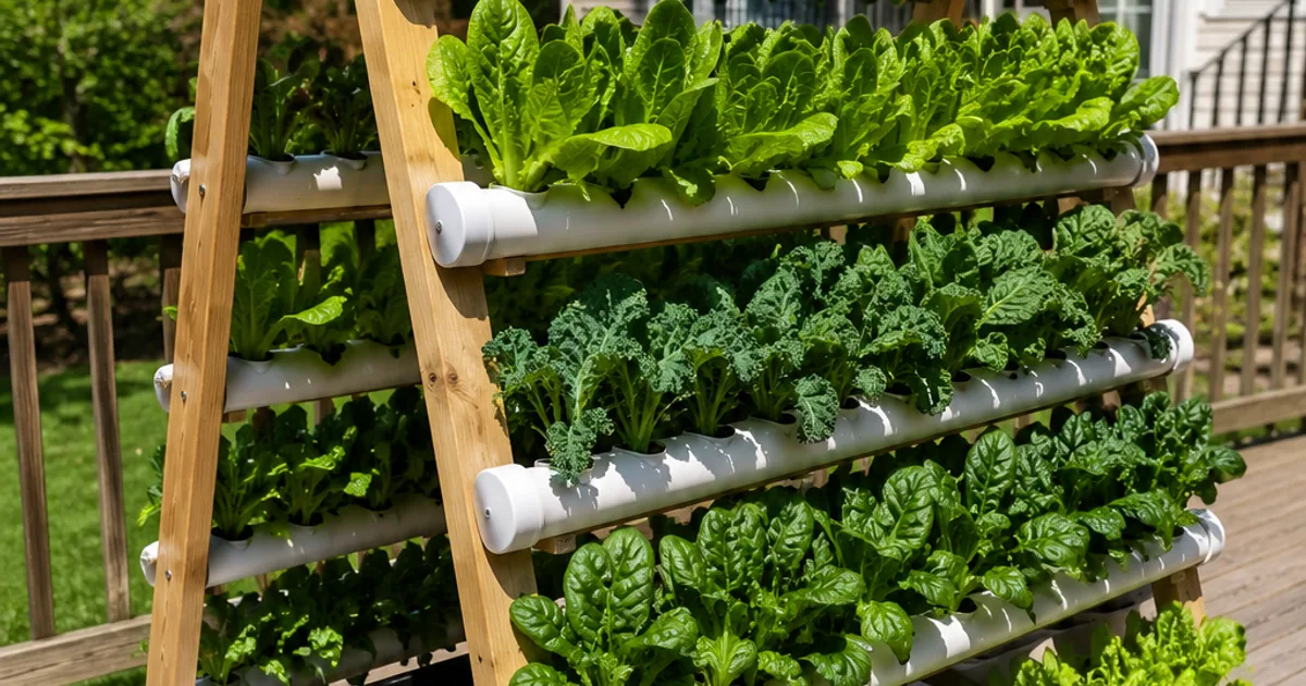 A-Frame hydroponic system on a sunny suburban backyard deck with six rows of romaine lettuce, kale, and spinach at full harvest stage, black reservoir visible at base, wooden frame structure