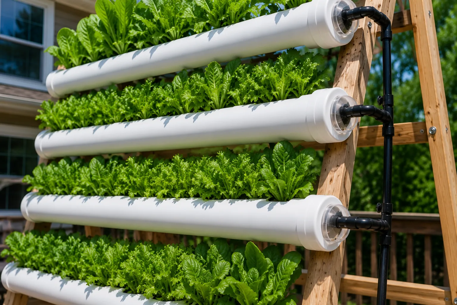 Close-up side profile of A-Frame hydroponic system showing white PVC pipes mounted on wooden frame with black vinyl tubing connecting drain end of upper pipe to inlet of lower pipe, dense lettuce growing from net pots, suburban deck background