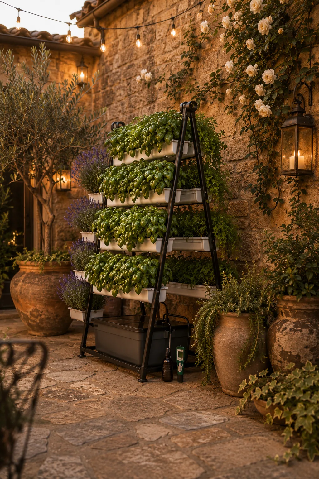 A-Frame hydroponic system on a Tuscan-style outdoor patio with warm evening lighting, multiple rows of basil and herbs growing in white trays, reservoir visible at base