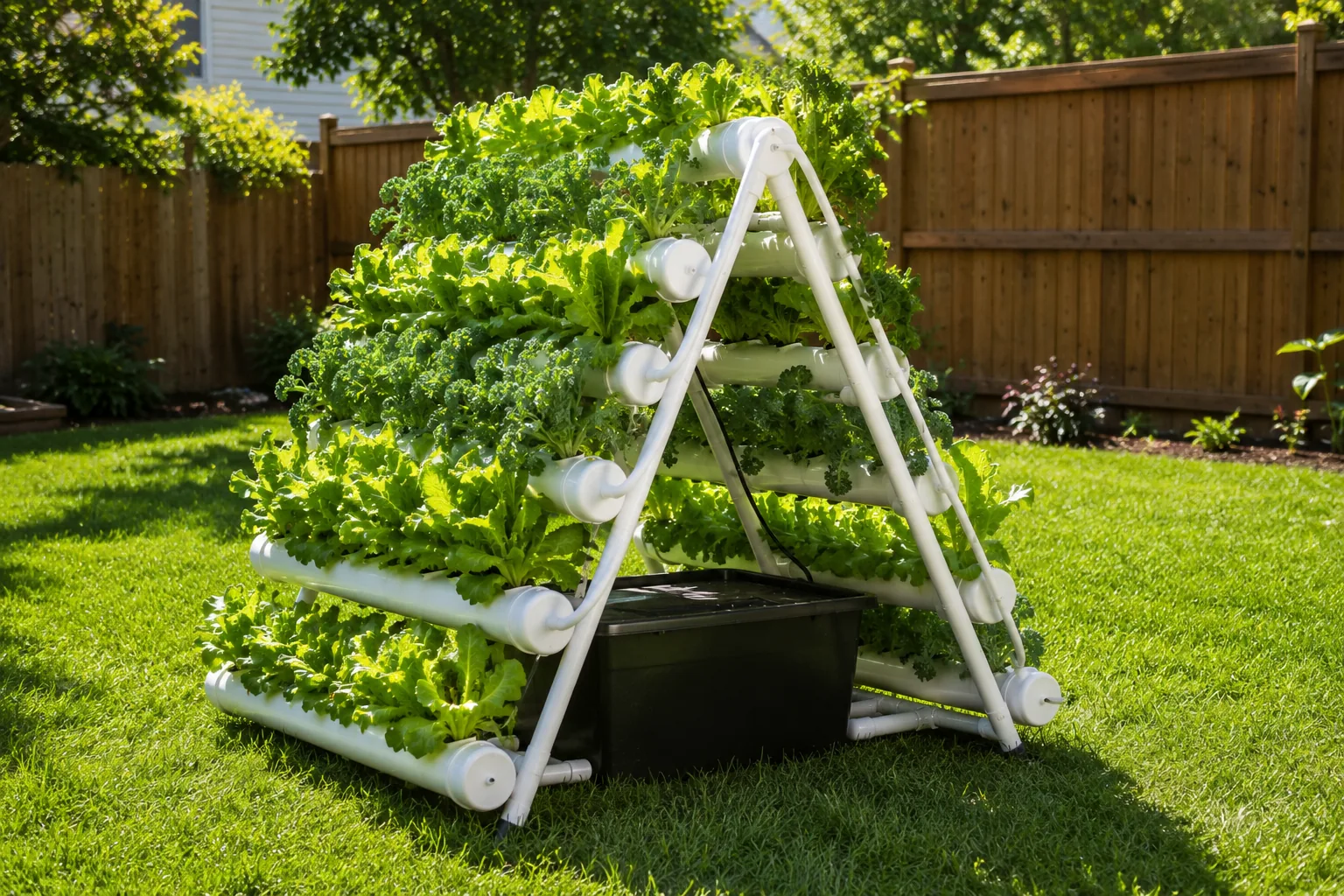 A-frame hydroponic system in a backyard with romaine lettuce and kale growing on both slanted sides, black reservoir visible at the base, green lawn and wooden fence in background