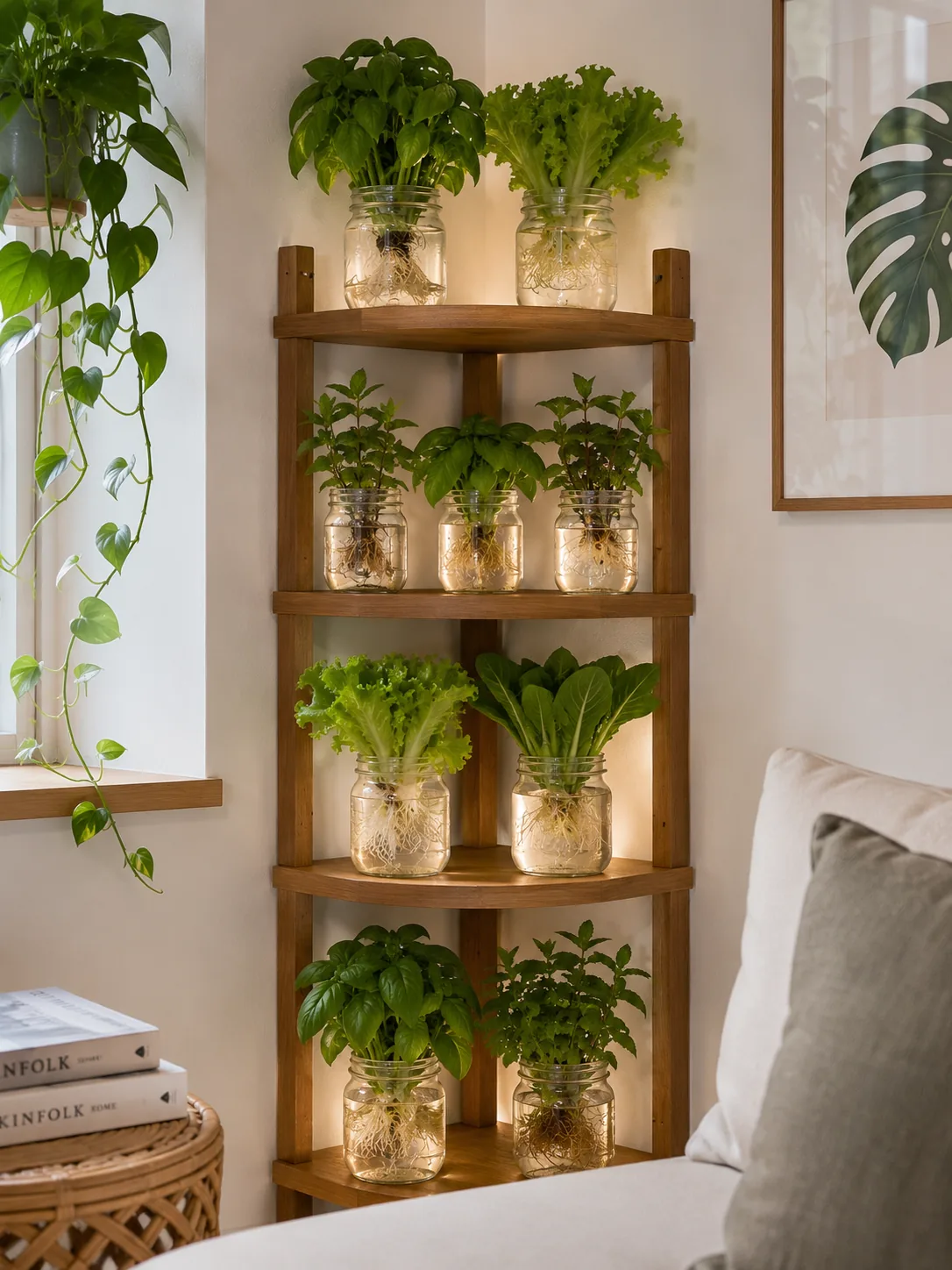 White hydroponic tower on apartment balcony at sunset, multiple varieties of lettuce and herbs growing from vertical pockets, city skyline in background, wheels at base