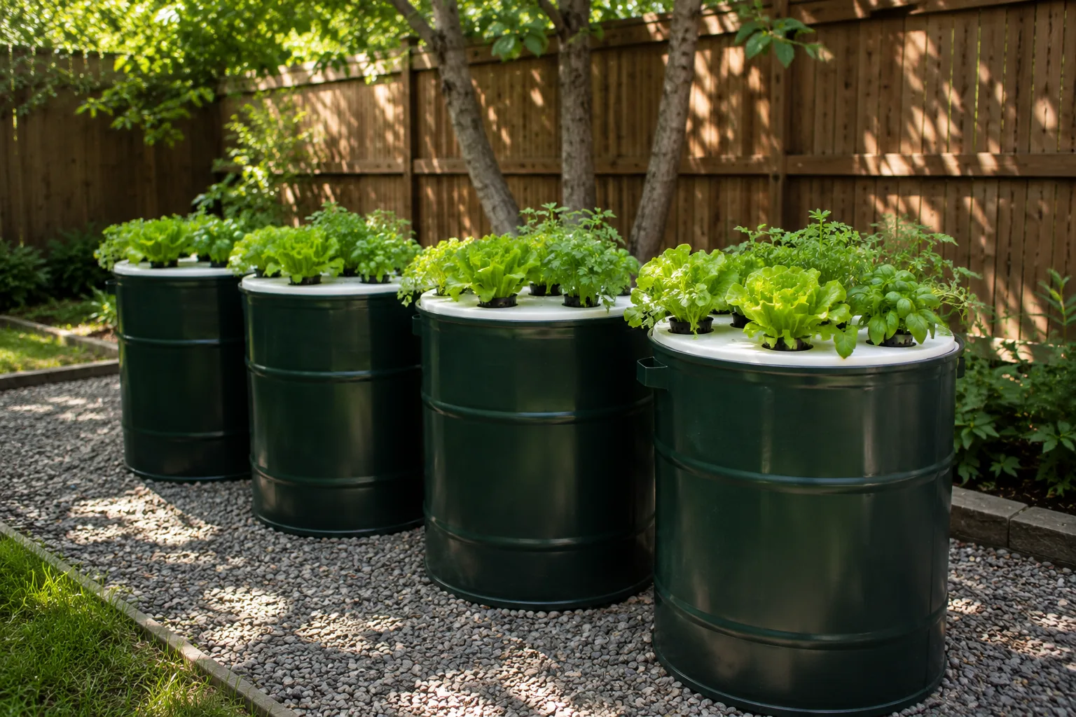 Four large dark green food-grade barrels in a backyard row used as Kratky hydroponic reservoirs with lettuce and herbs growing from net pot lids, gravel path, dappled afternoon light