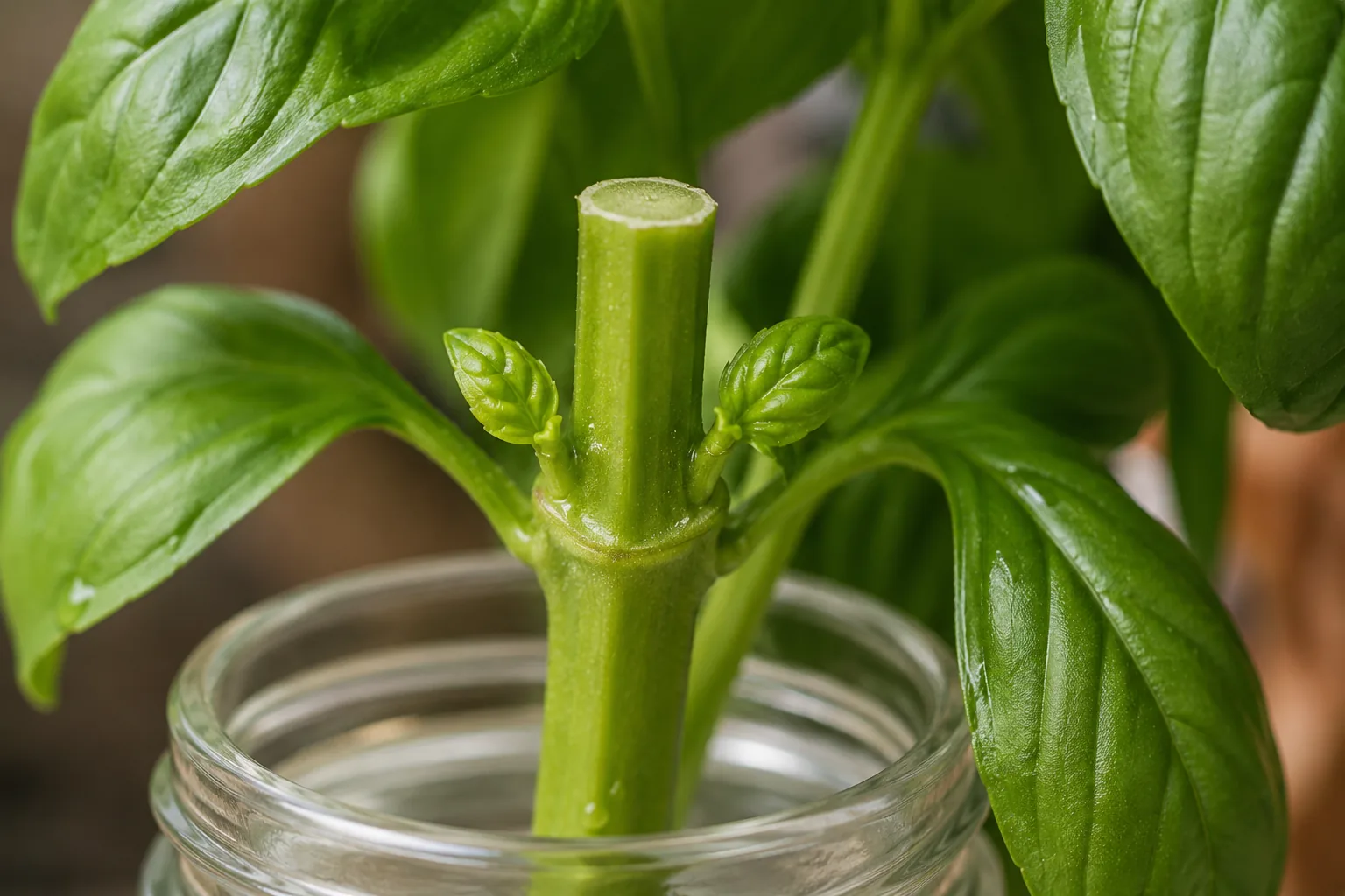Close-up of a basil stem showing a clean cut above the leaf node, with two new small shoots emerging on either side