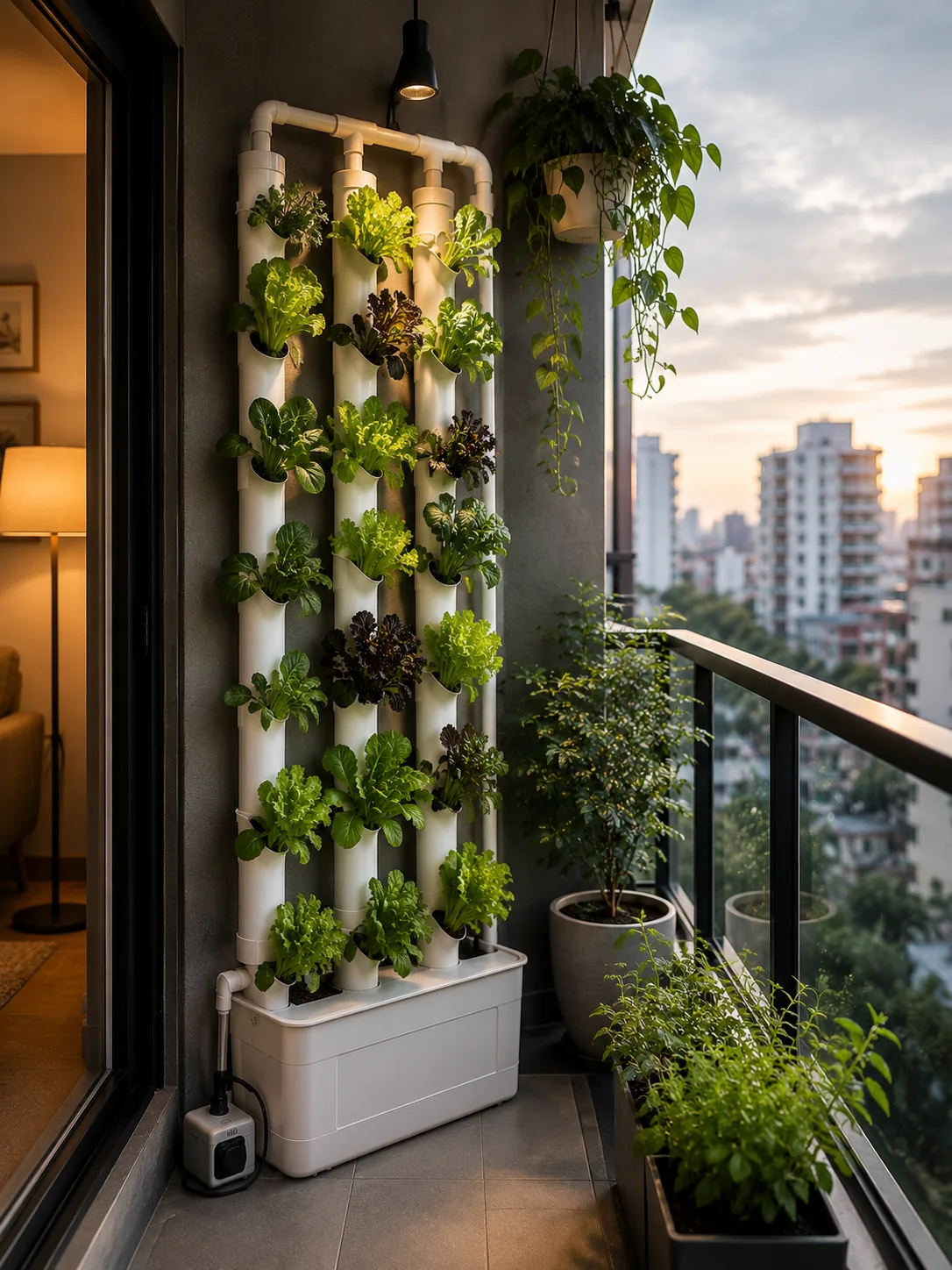White bookshelf with hydroponic growing trays on alternating shelves growing lettuce, basil, and spinach under LED strip lights, books and decor items on remaining shelves, warm living room
