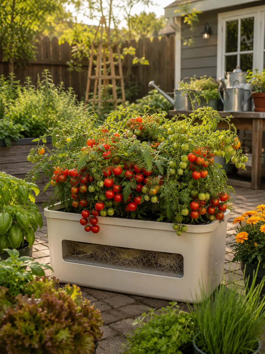 Baby Boomer cherry tomato in a wide hydroponic trough, loaded with fruit