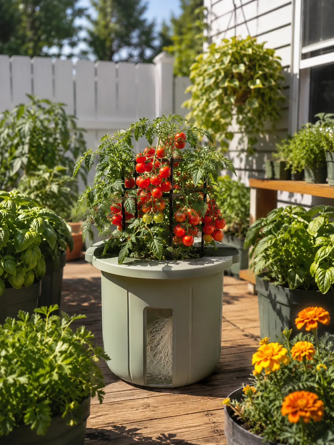 Husky Cherry Red tomato on a small trellis in a hydroponic container