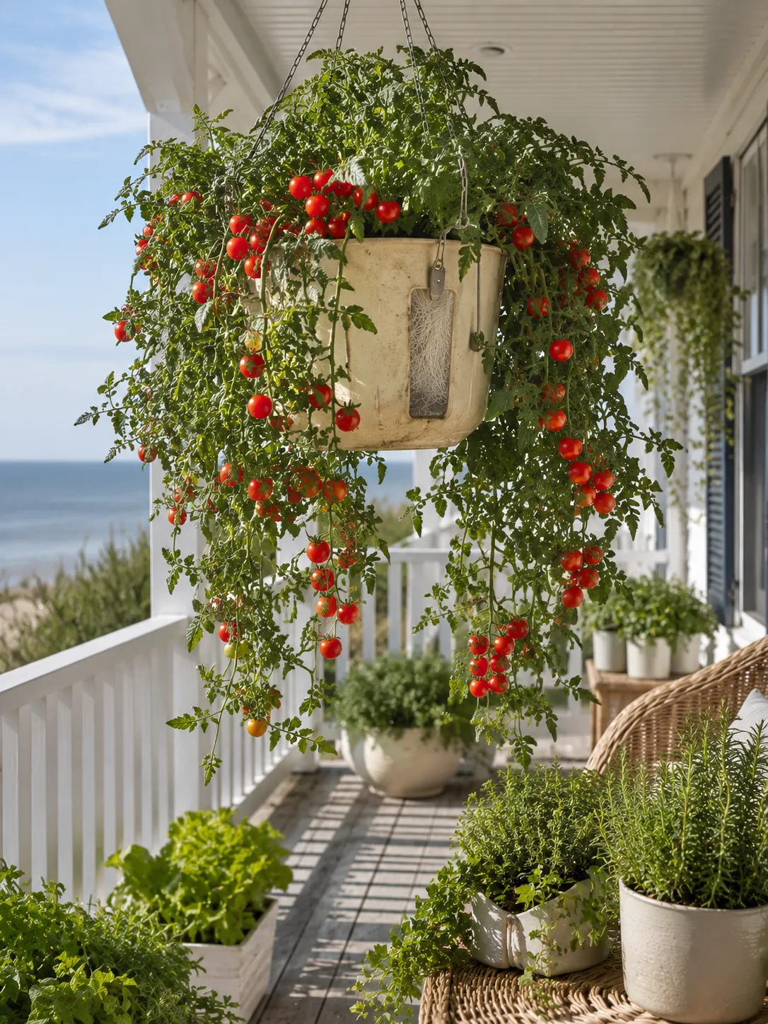 Tumbling Tom cherry tomato cascading from a hanging hydroponic basket