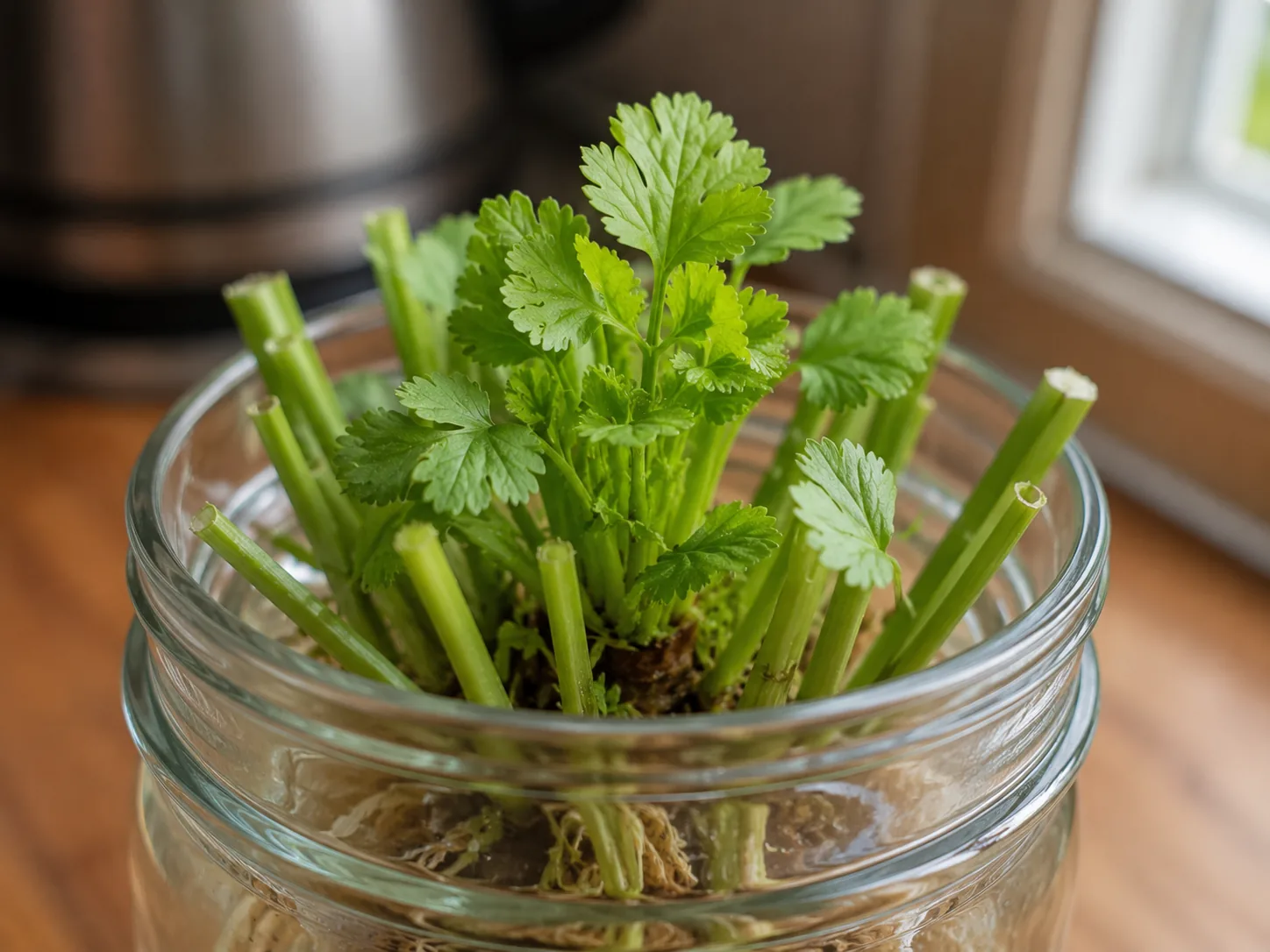 Cilantro regrowing in a glass jar with the inner crown intact and new stems emerging from the center, outer cut stems visible around the edge