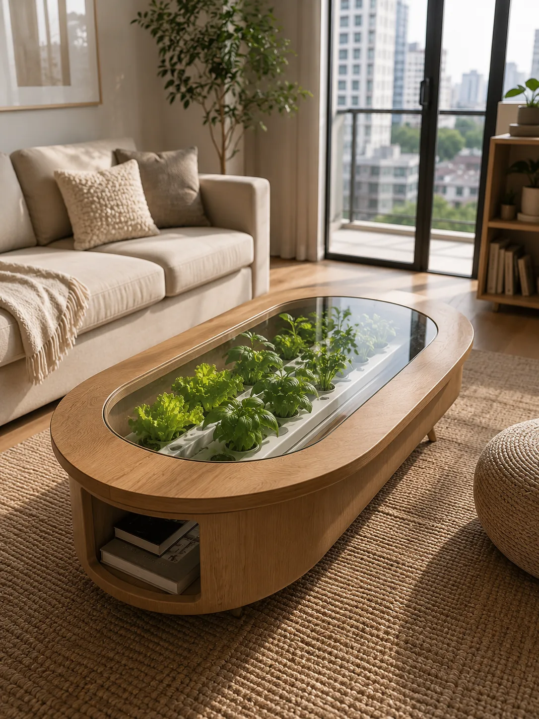 Oval oak wood coffee table in apartment living room with glass panel center revealing hydroponic NFT channel growing lettuce and basil, city view through floor-to-ceiling windows