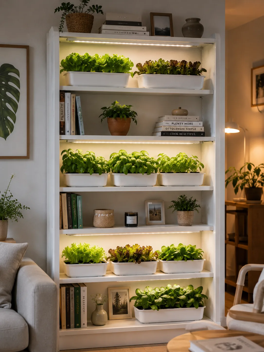 Wooden corner shelf unit in apartment living room holding mason jars with basil, mint, and lettuce growing hydroponically, visible white roots, warm ambient light