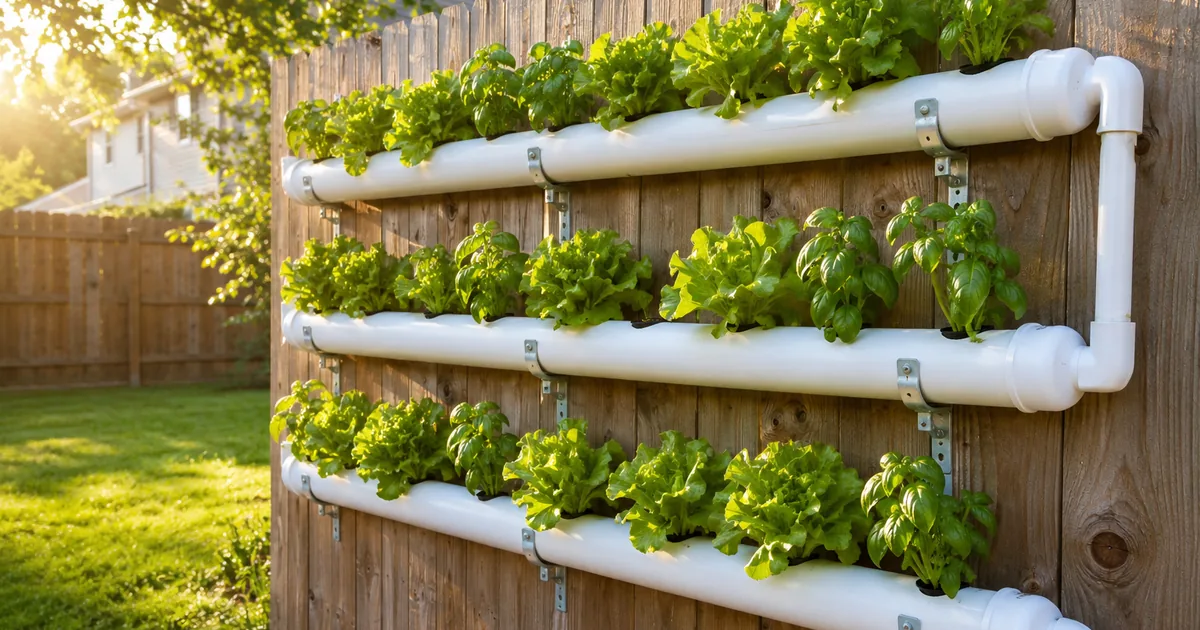 NFT hydroponic pipes mounted horizontally along a wooden backyard privacy fence with lettuce and herbs growing from net pots, green backyard lawn, warm afternoon light