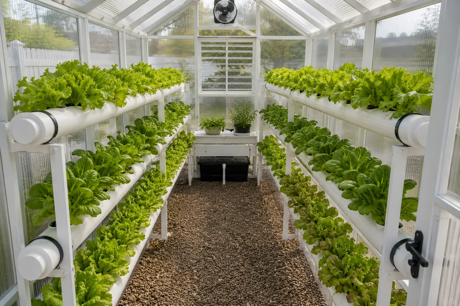 Small white backyard greenhouse with NFT hydroponic channels running the full interior length, growing butterhead lettuce and spinach under natural light, suburban backyard, late afternoon