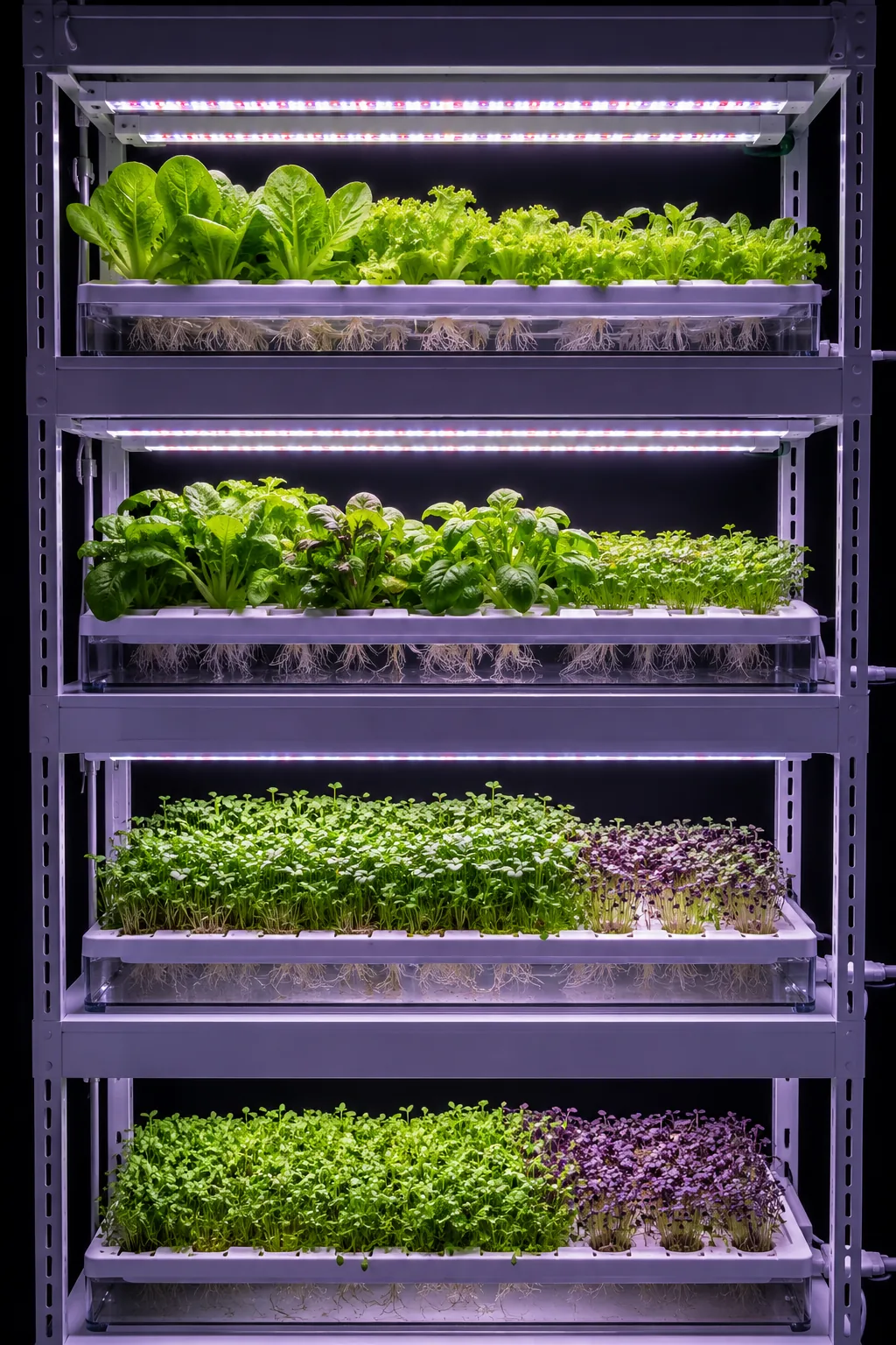 Indoor grow rack system with four tiers of hydroponic trays under LED grow lights, growing lettuce, basil, and microgreens at various stages, dramatic purple-white lighting against dark background