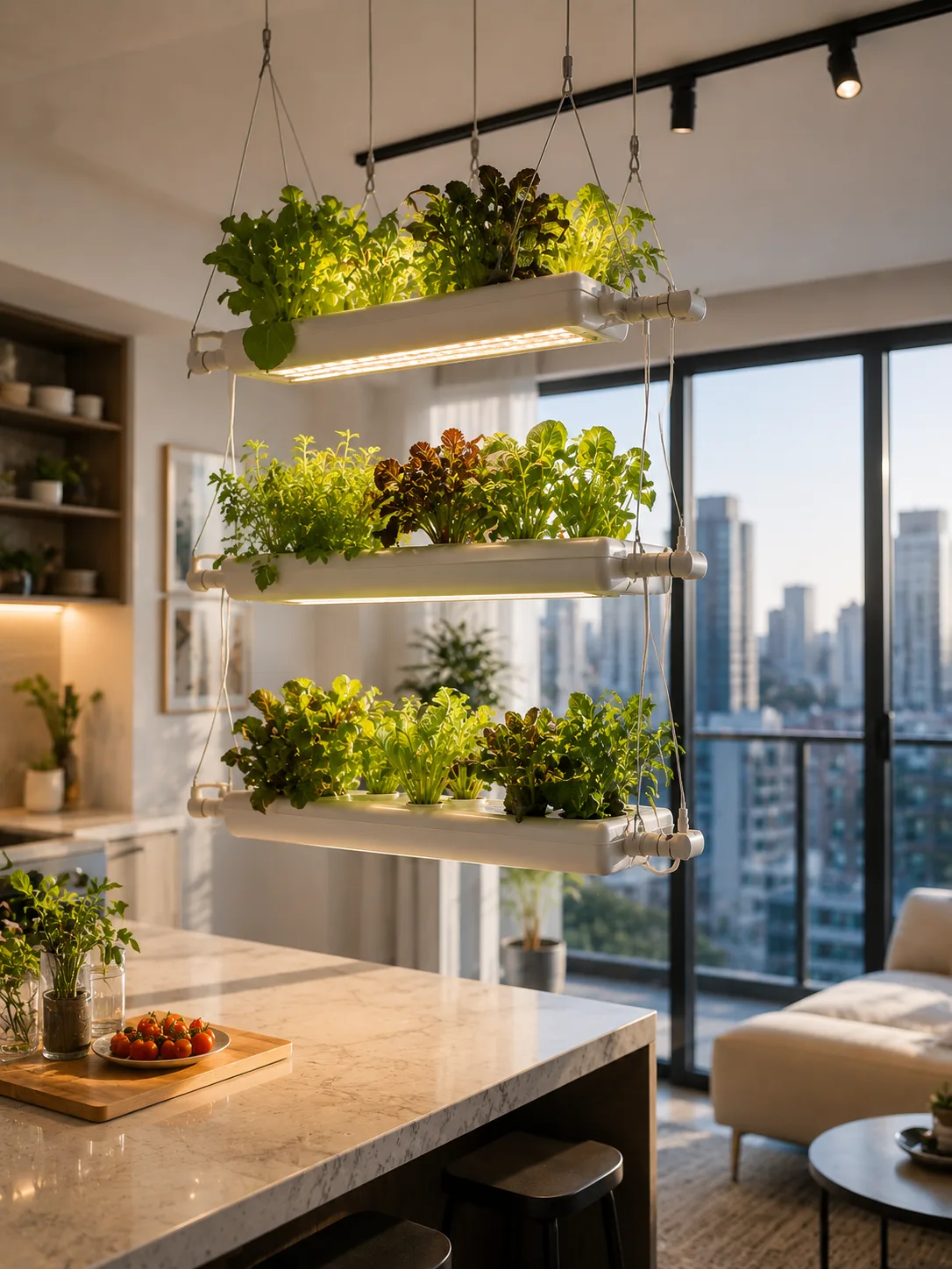 Three-tier hanging hydroponic NFT system suspended from ceiling track over kitchen island, growing lettuce and herbs under integrated LED lights, floor-to-ceiling city view windows