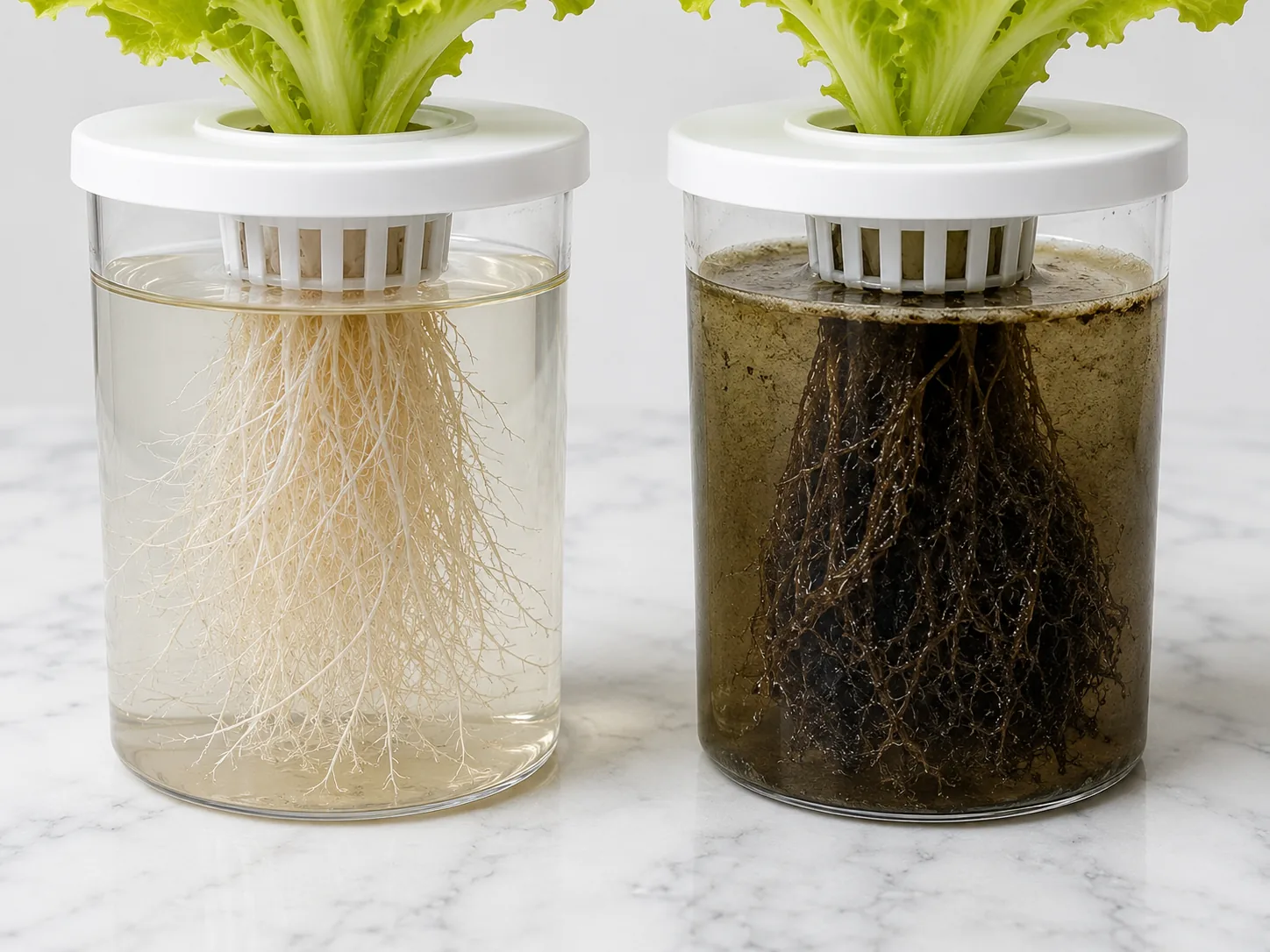 Two clear DWC jars side by side on marble, the left holding clear water and bright white roots, the right holding murky brown water and dark slimy rotted roots