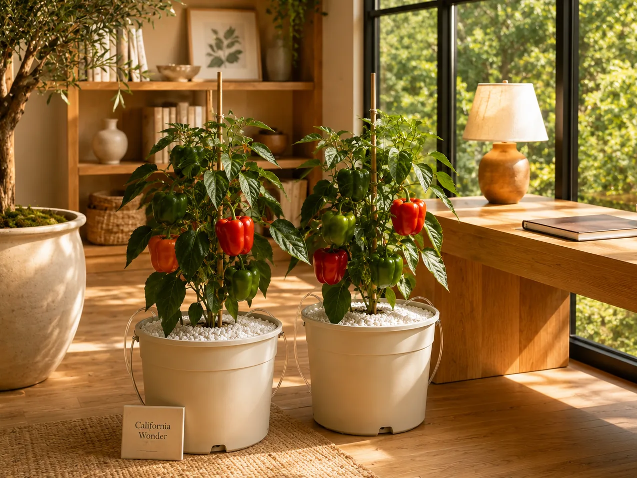 California Wonder bell pepper plants with red and green fruit staked in hydroponic Dutch buckets