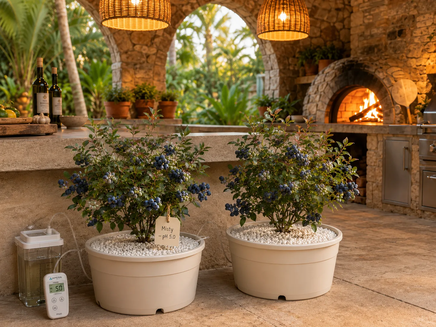 Blueberry plant with clusters of blue and green berries in a dedicated hydroponic substrate container