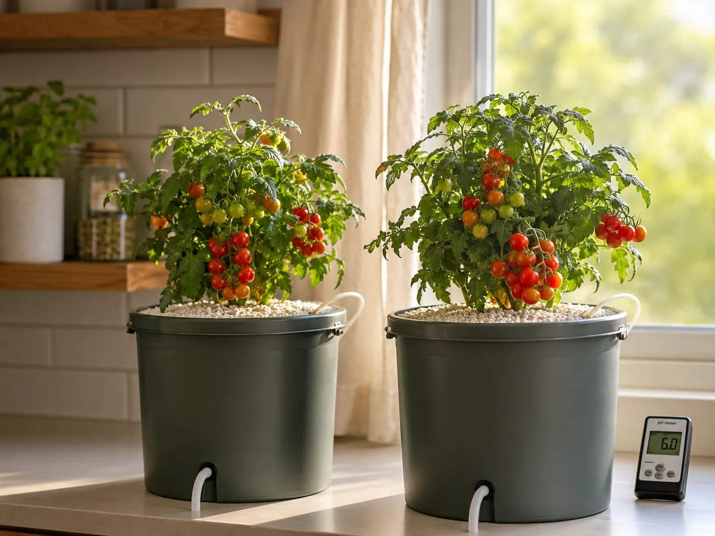 Dwarf cherry tomato plant with clusters of red and green fruit in a hydroponic Dutch bucket