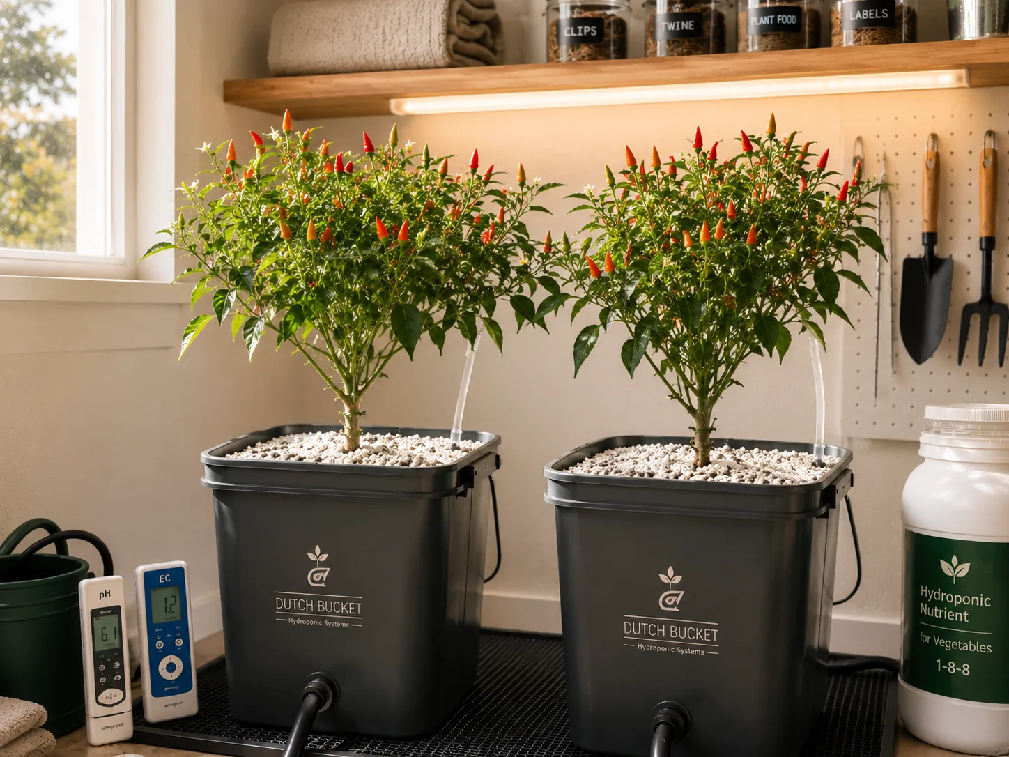 Cayenne chili pepper plants heavy with red and orange fruits growing in hydroponic Dutch buckets