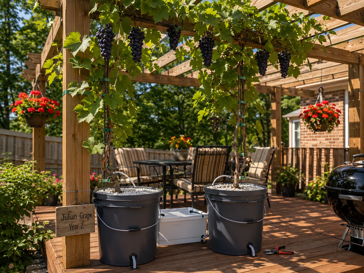 Grapevine with clusters of dark purple grapes on a pergola in a large hydroponic Dutch bucket