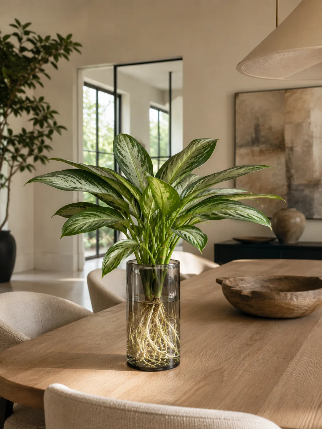 Chinese Evergreen growing hydroponically indoors