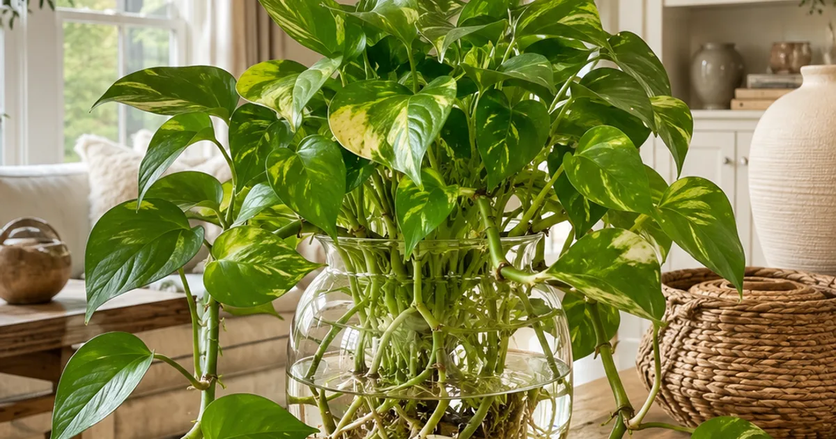 A collection of popular houseplants growing hydroponically in clear glass vases of water on a bright windowsill
