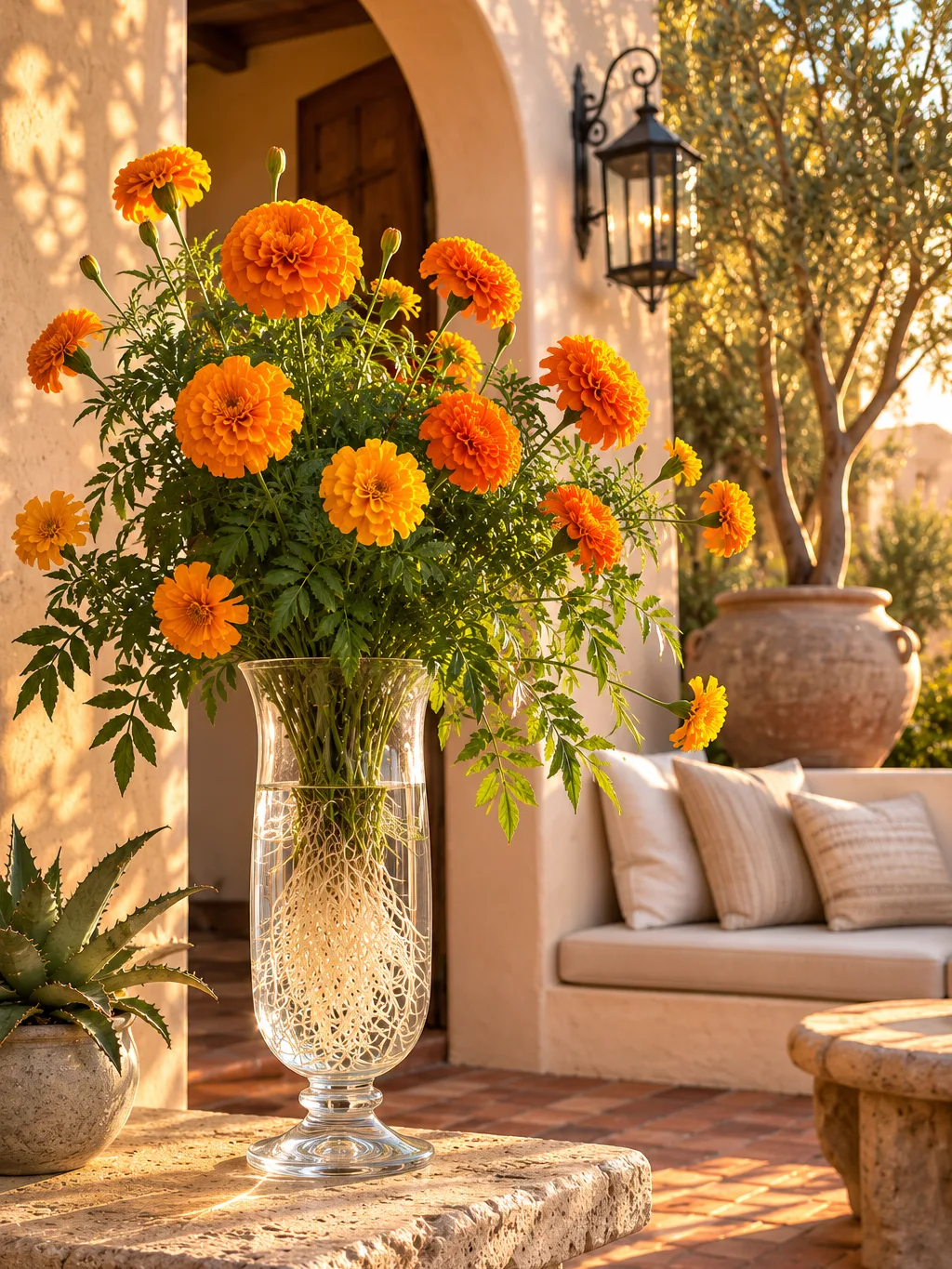 Marigold growing hydroponically indoors