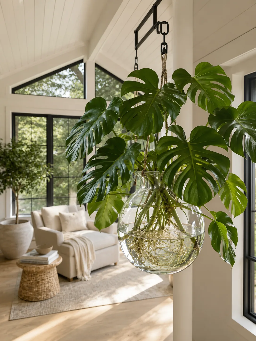 Monstera growing hydroponically indoors