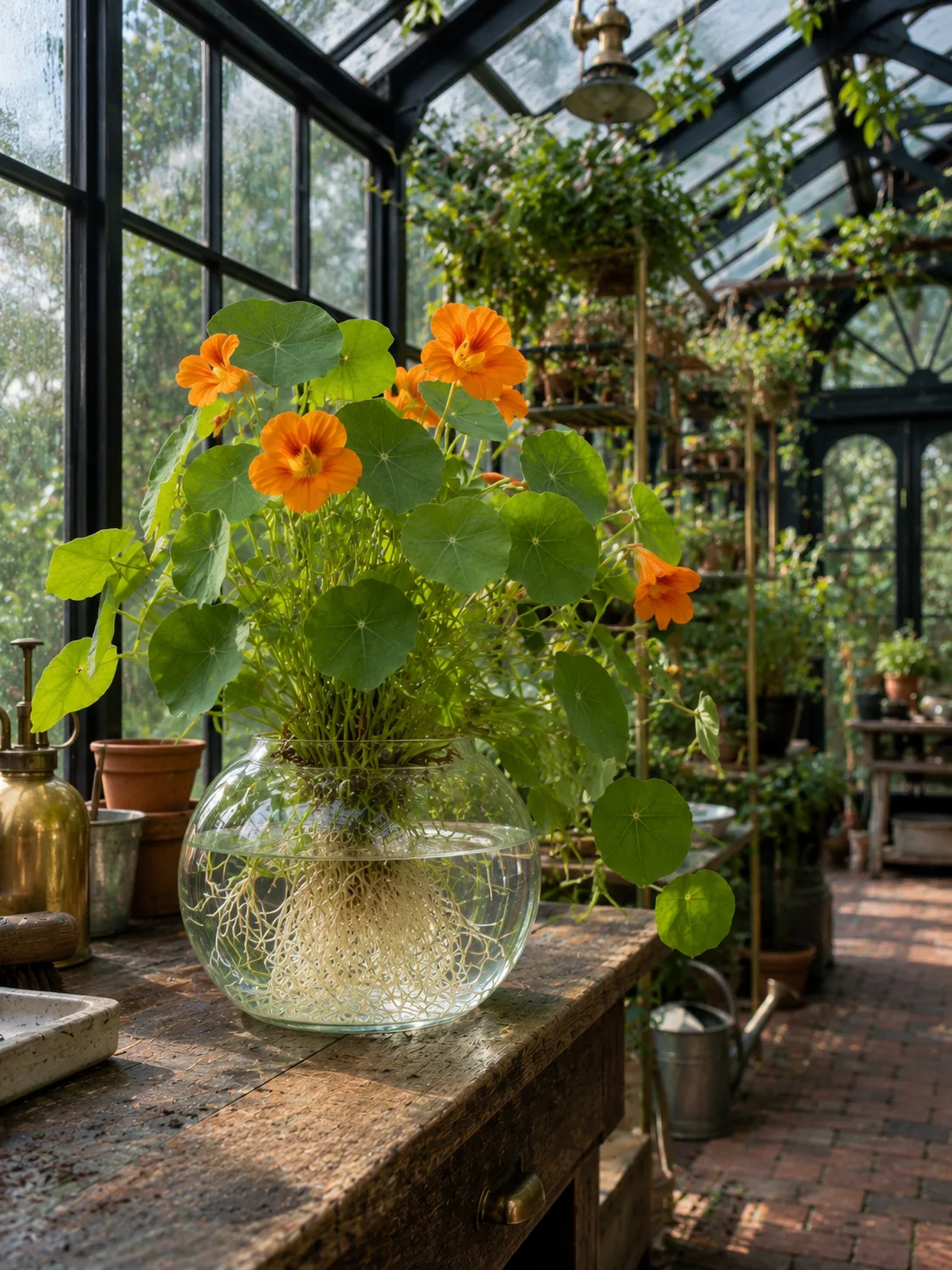 Nasturtium growing hydroponically indoors