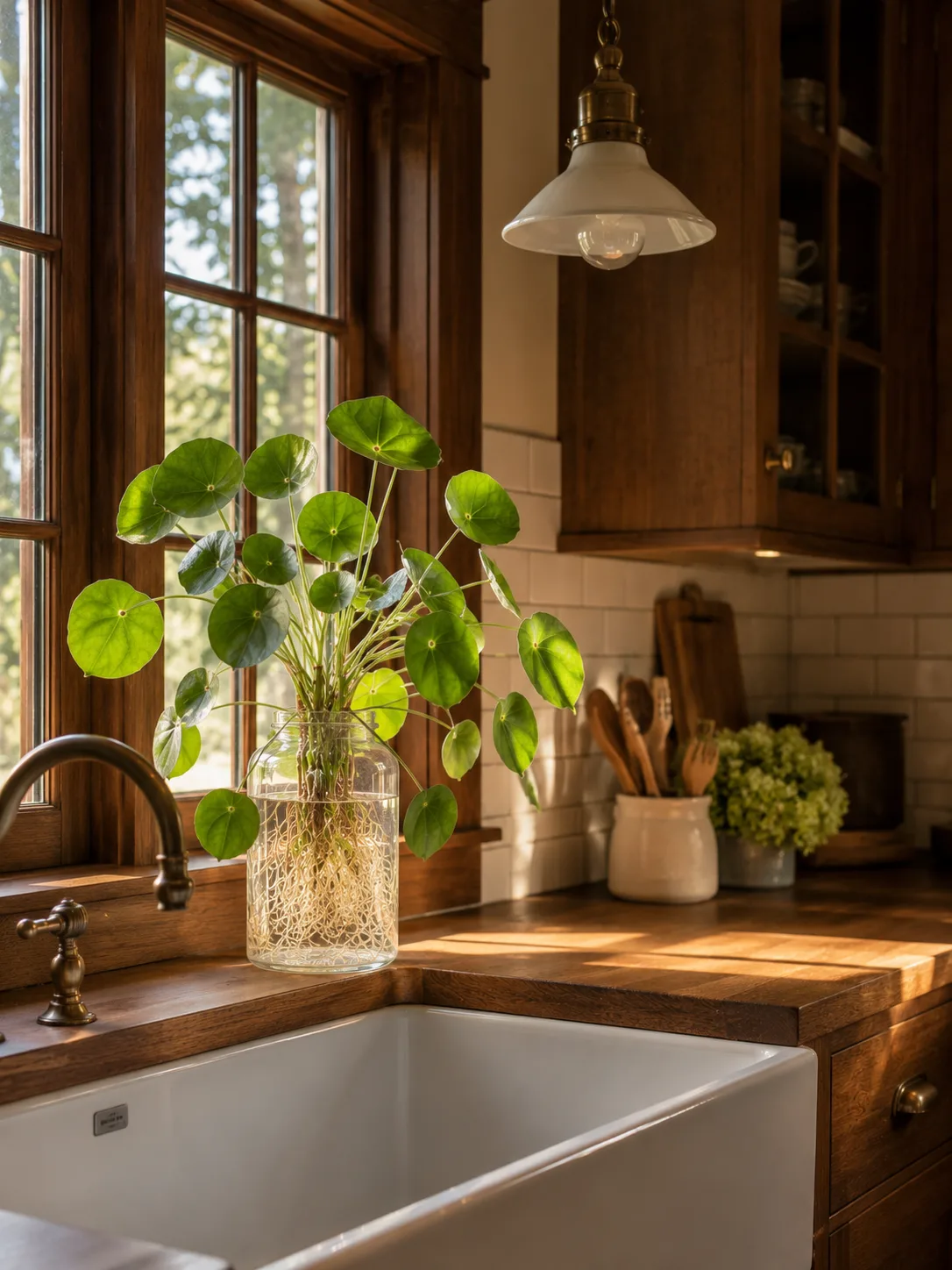 Pilea growing hydroponically indoors