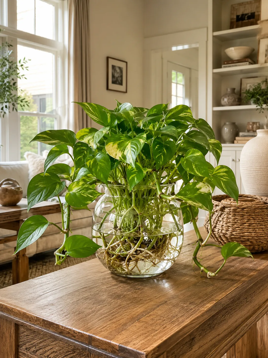 Pothos growing hydroponically in a glass bowl