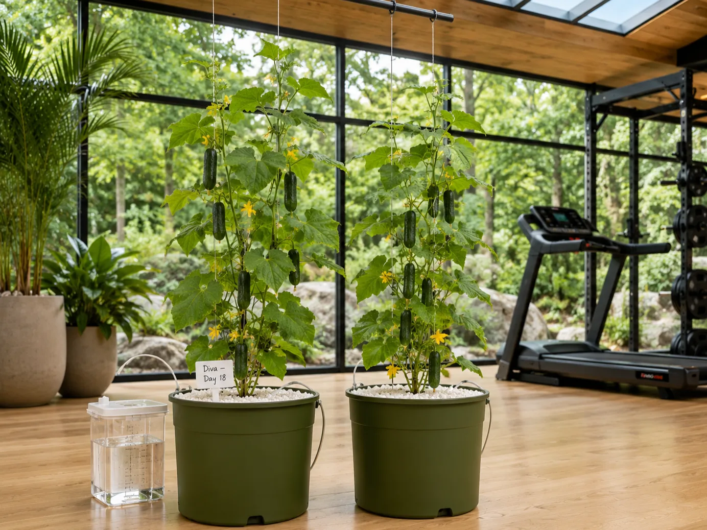 Mini cucumber plant with fruit hanging from a vertical trellis in a hydroponic Dutch bucket