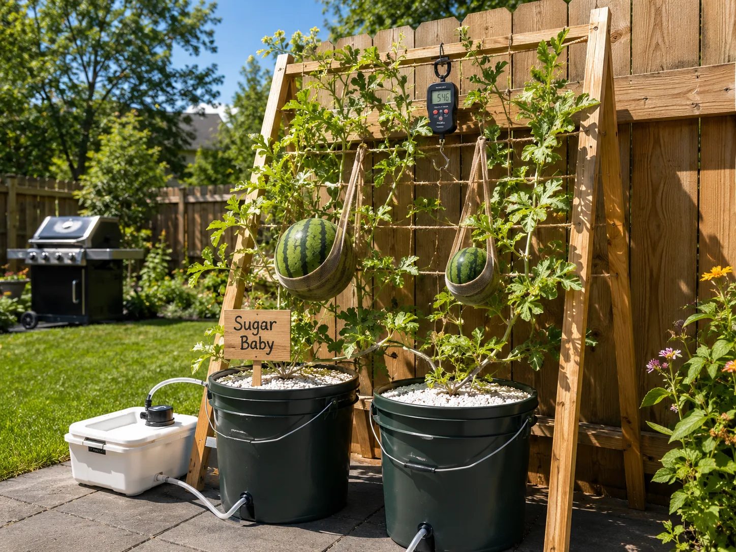Personal-size watermelon supported in a fabric sling on a trellis in an outdoor hydroponic setup