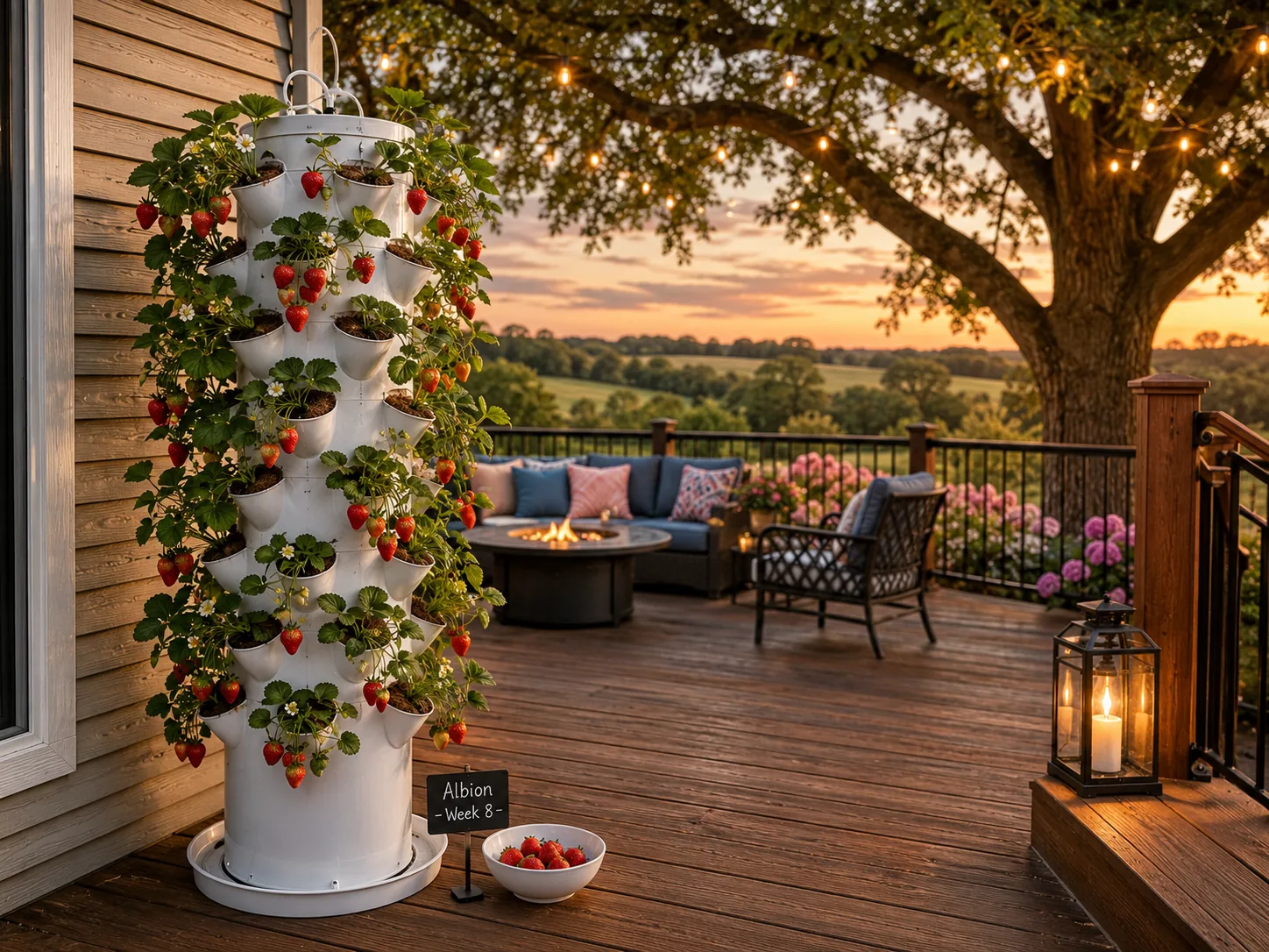 Ripe red strawberries growing in a vertical hydroponic tower