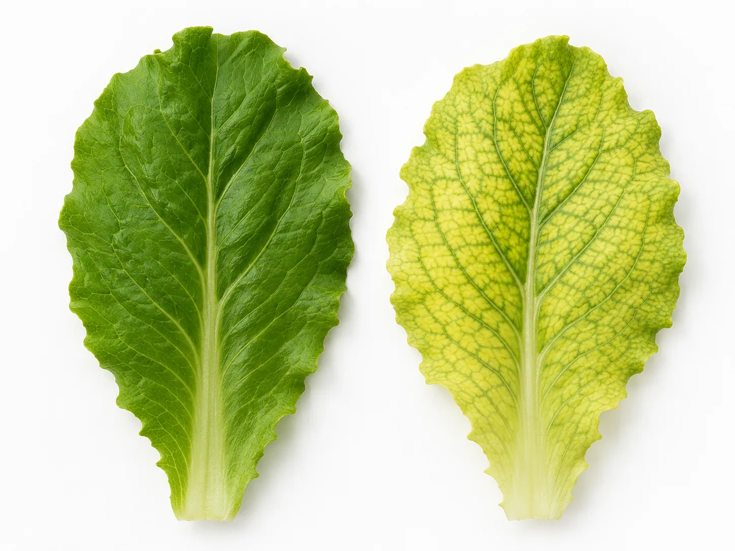 Dark green healthy romaine leaf beside a pale yellow leaf showing iron deficiency interveinal chlorosis, its veins still green against yellowed tissue