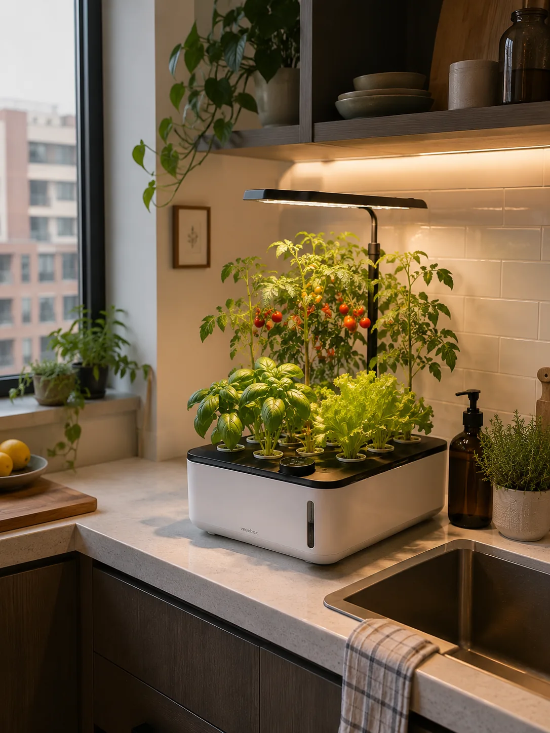Compact white countertop hydroponic unit with built-in LED grow light on apartment kitchen counter, cherry tomatoes, basil, and lettuce growing, city view through window