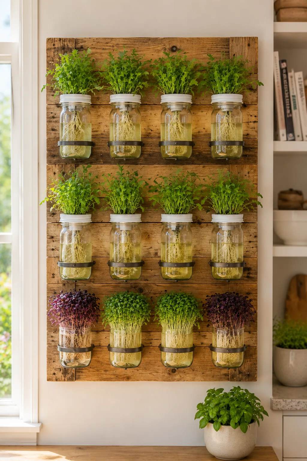 Mason jar hydroponic wall with 12 jars mounted on a rustic wooden board, growing herbs and microgreens with visible white roots in water, natural window light