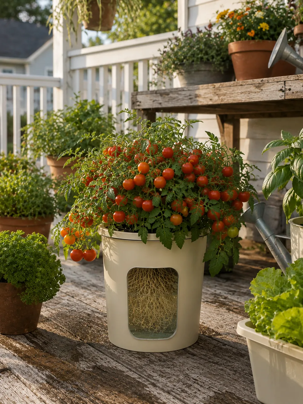 Micro Tom micro-dwarf tomato, a very small plant in a hydroponic container
