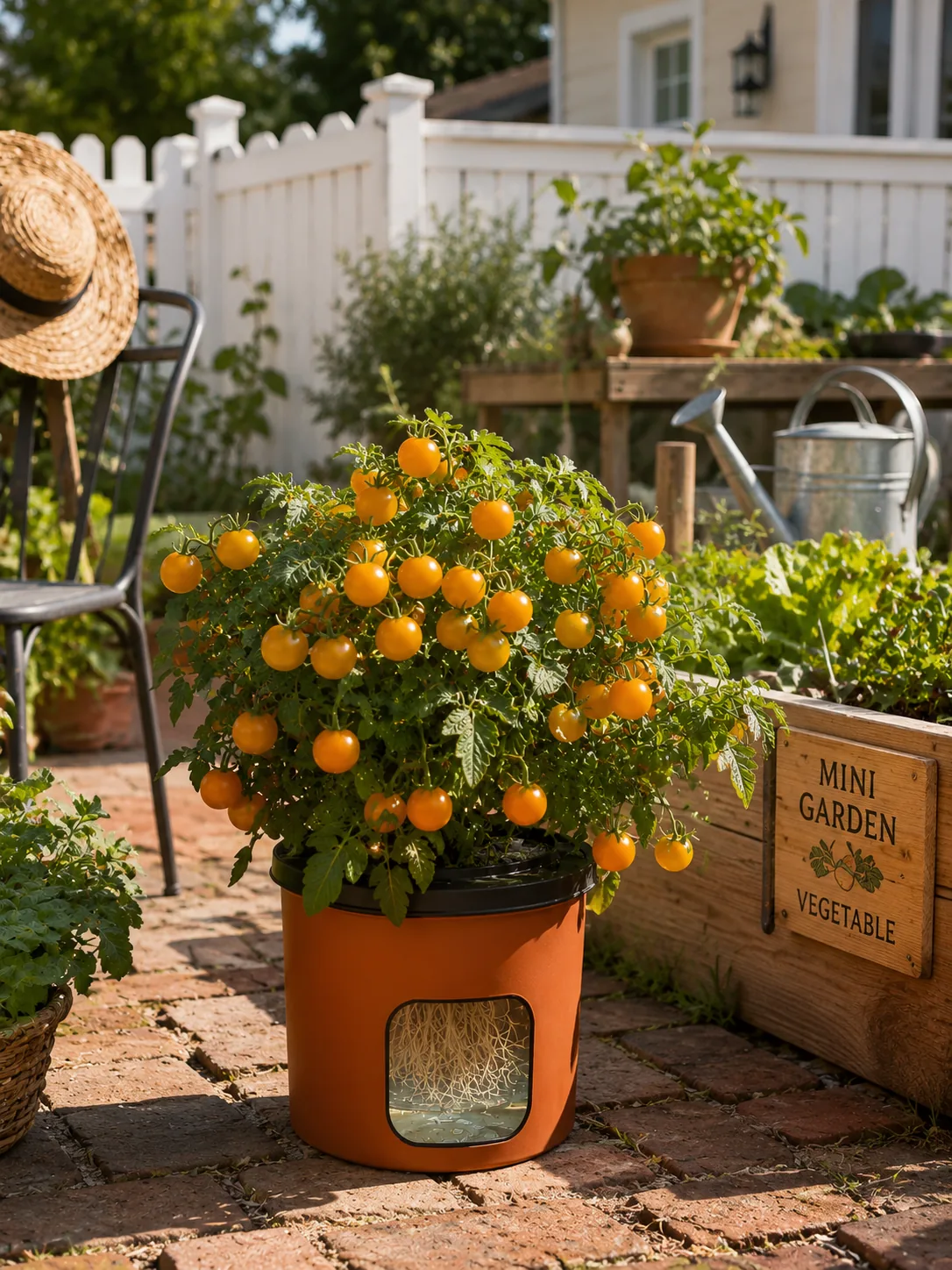 Orange Hat micro-dwarf tomato with orange fruit in a terracotta hydroponic container