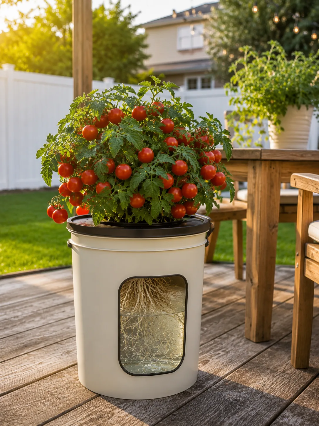 Red Robin micro-dwarf tomato growing in a hydroponic bucket with visible roots