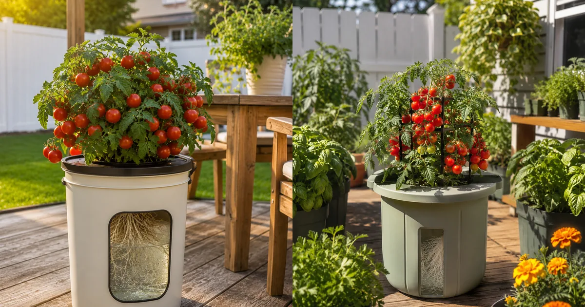 A micro-dwarf tomato plant beside a larger compact cherry tomato plant, both growing in hydroponic containers with visible root chambers