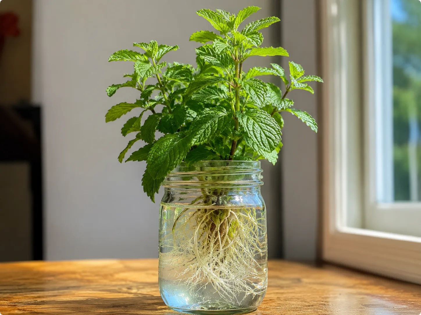 Mint plant growing in a single glass mason jar with dense white roots visible through the clear glass, placed on a wooden surface near a window