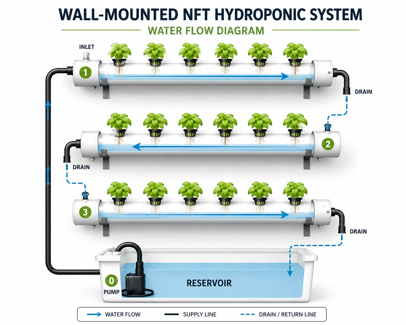 Wall-mounted NFT water flow diagram showing zigzag flow from pump through three pipes and back to reservoir with labeled inlet, drain, supply line, and return line