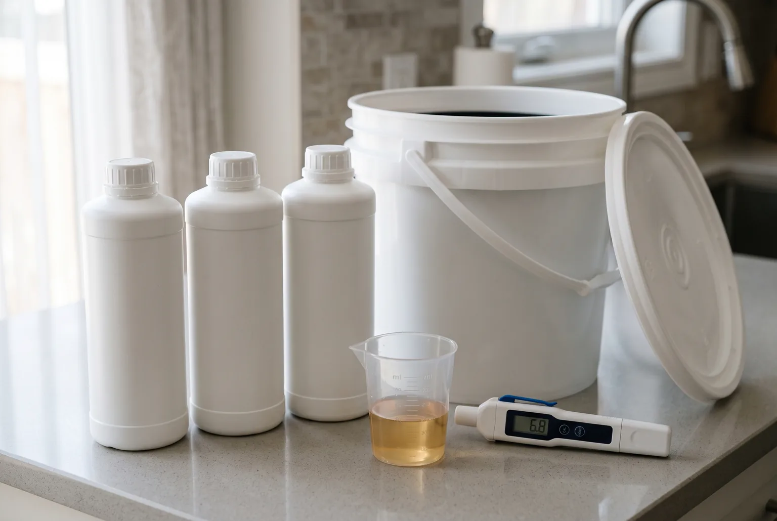 Hydroponic nutrient bottles lined up beside an open reservoir bucket, with a measuring cup of nutrient concentrate and a digital pH pen on the counter