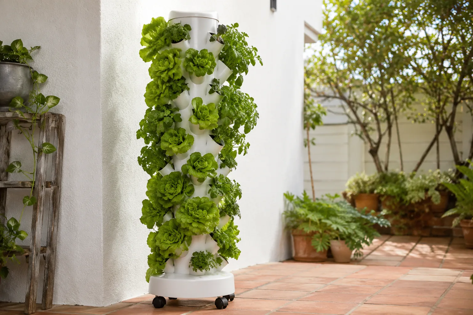 White PVC vertical hydroponic tower on a sunny patio with lettuce and herbs growing from staggered pockets, caster wheels visible at base, terracotta tiles, bright natural light