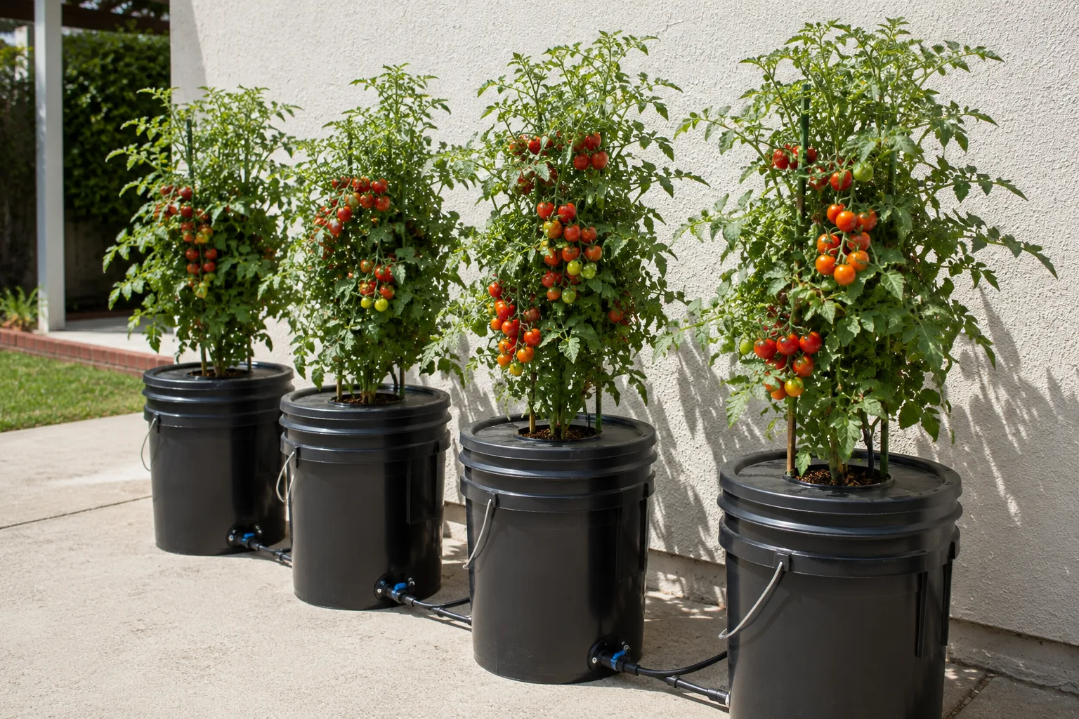 Five-gallon food-grade buckets connected in a DWC recirculating loop on a concrete patio corner with cherry tomatoes and bell peppers growing, simple white walls, bright midday light