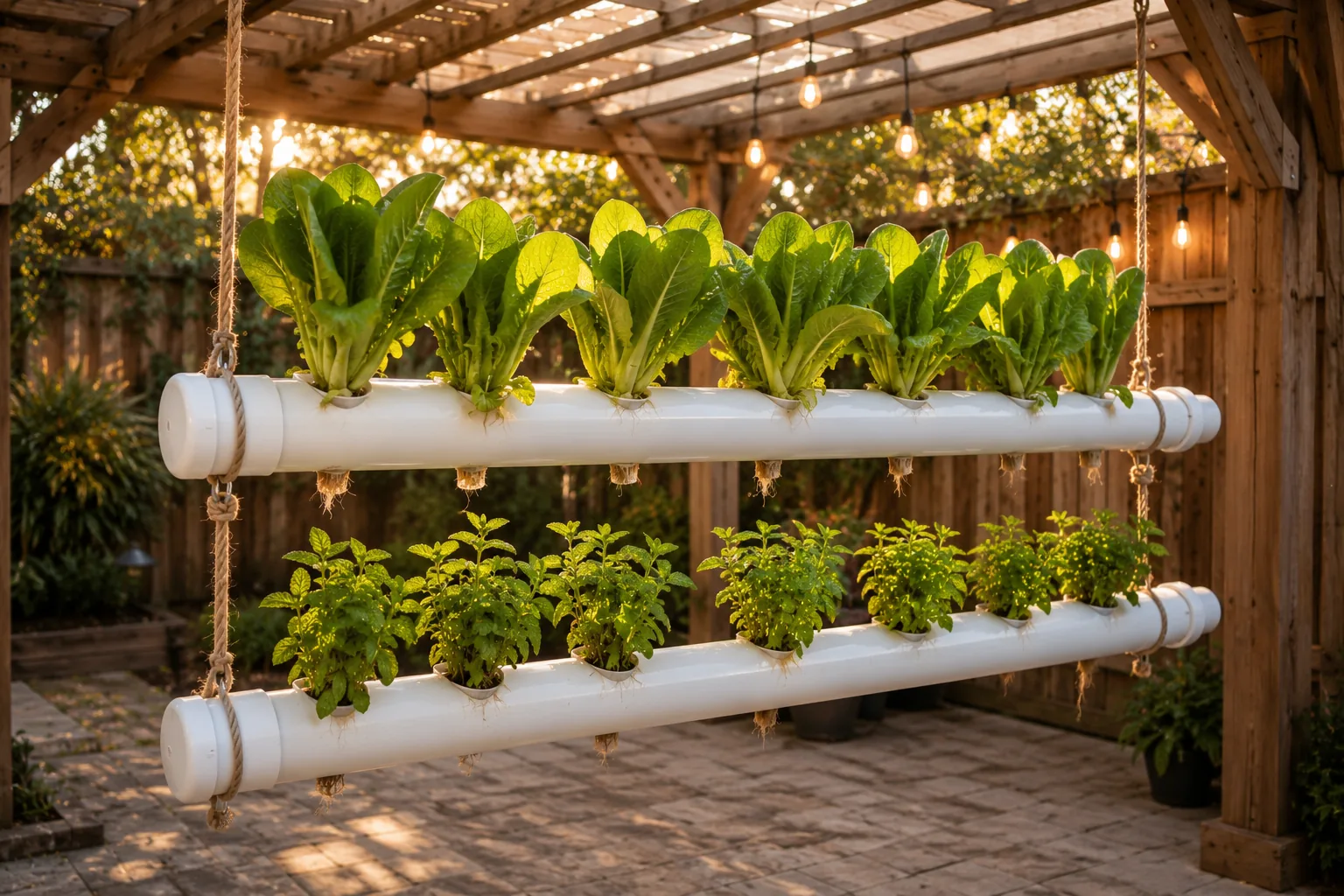 NFT hydroponic pipes suspended from wooden pergola beams above a patio with lettuce and basil hanging at eye level, string lights visible in background, warm golden hour light