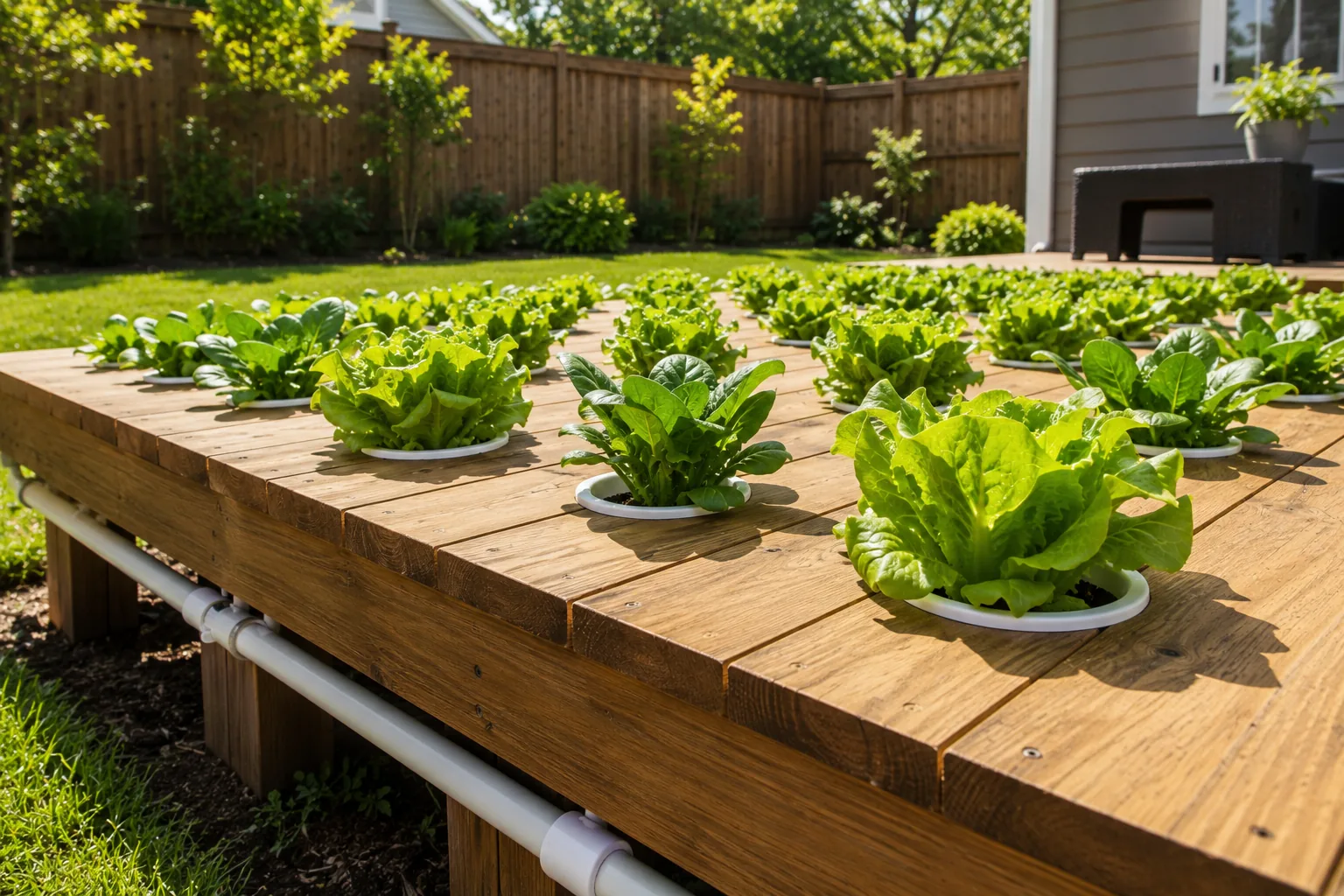 Raised wooden deck with NFT hydroponic channels built into the frame below the walking surface, butterhead lettuce and spinach growing up through deck board gaps, suburban backyard
