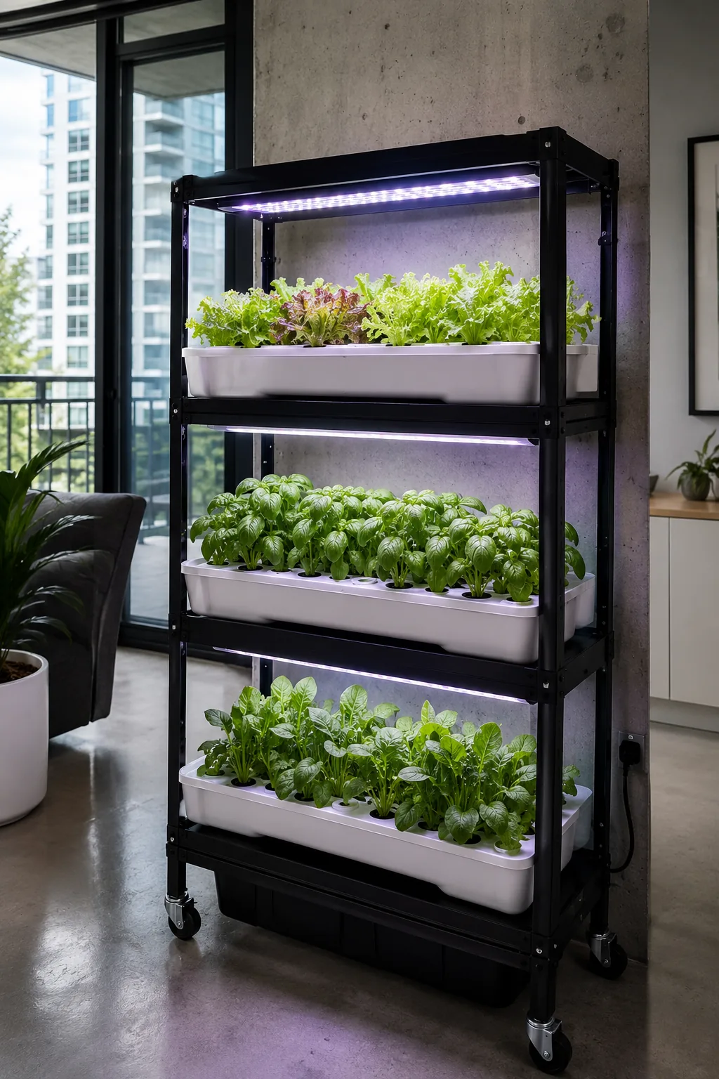 Black metal rolling rack with three tiers of hydroponic trays growing lettuce and bok choy under purple LED lights, concrete floor apartment, wheels visible at base